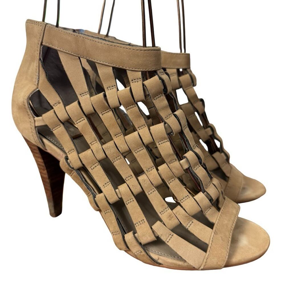 Vince Camuto Aventha Leather Cage Style High Heels Peep Toe Shoes Beige sz 7.5